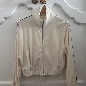 Oysho Cream Jacket with Stand-Up Collar Navy Piping and Elastic Waistband